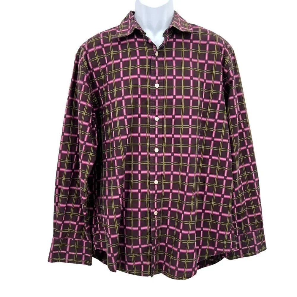 Robert Graham Men's Button Down Shirt XL Purple Green Fluorescent 100% Cotton